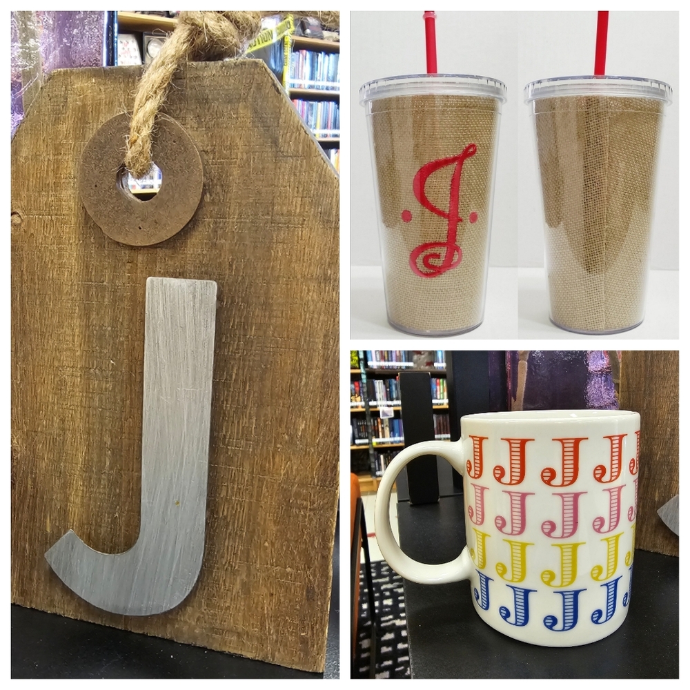 NWT Kirklands "J" Burlap Tumbler, Coffee Mug and Hanging Decor